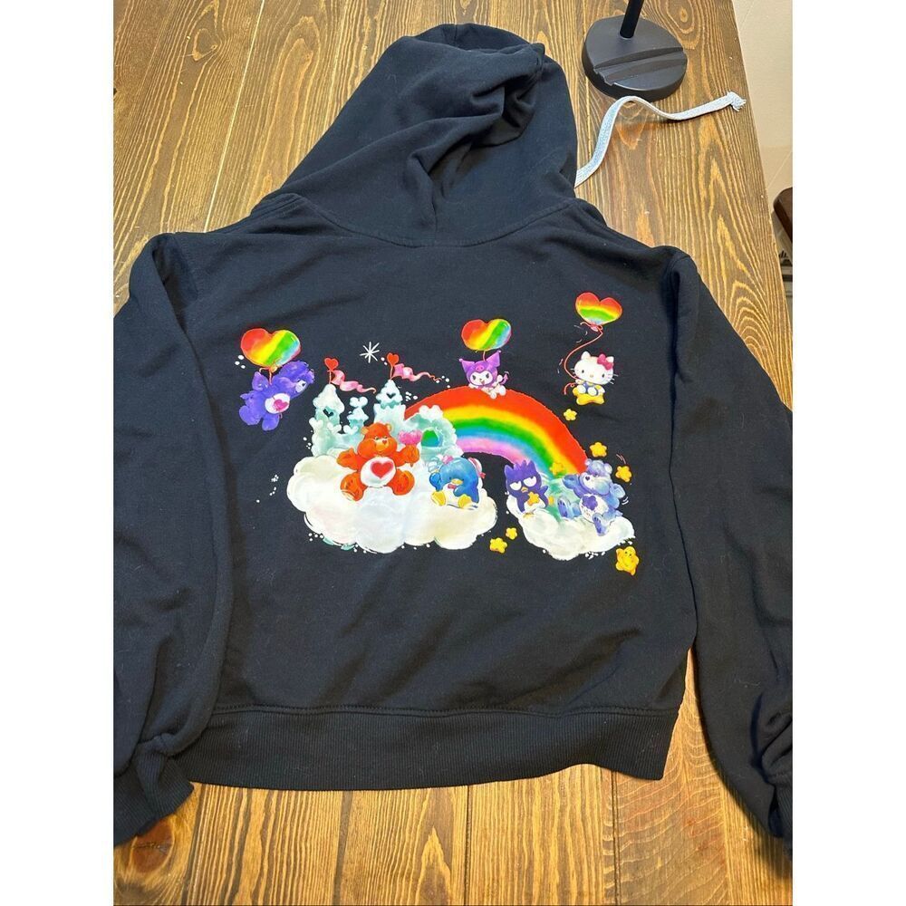 Hello Kitty and Friends x Care Bears black cropped zip-front graphic hoodie size